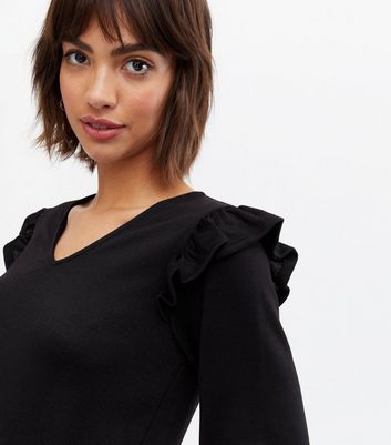 Black Fine Knit Frill Peplum Top New Look