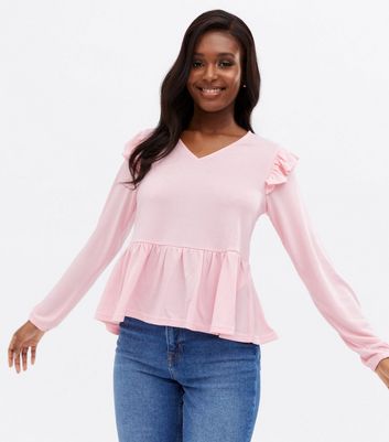 Mid Pink Fine Knit Frill Peplum Top New Look