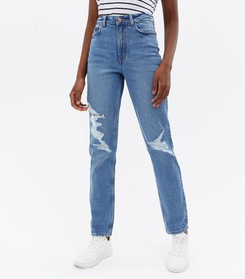 Click to view product details and reviews for Tall Blue Ripped High Waist Slim Fit Tori Mom Jeans New Look.