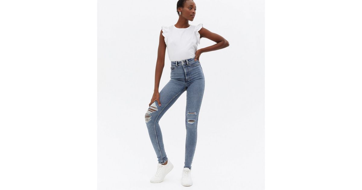 Tall Teal Ripped High Waist Hallie Super Skinny Jeans | New Look