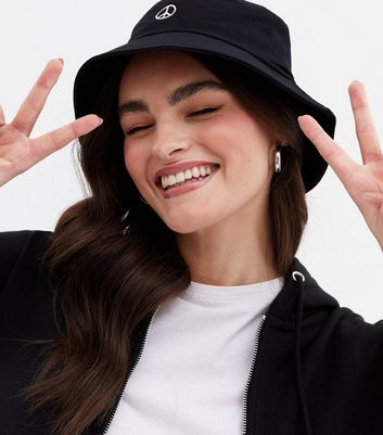 Black Peace Embroidered Bucket Hat New Look