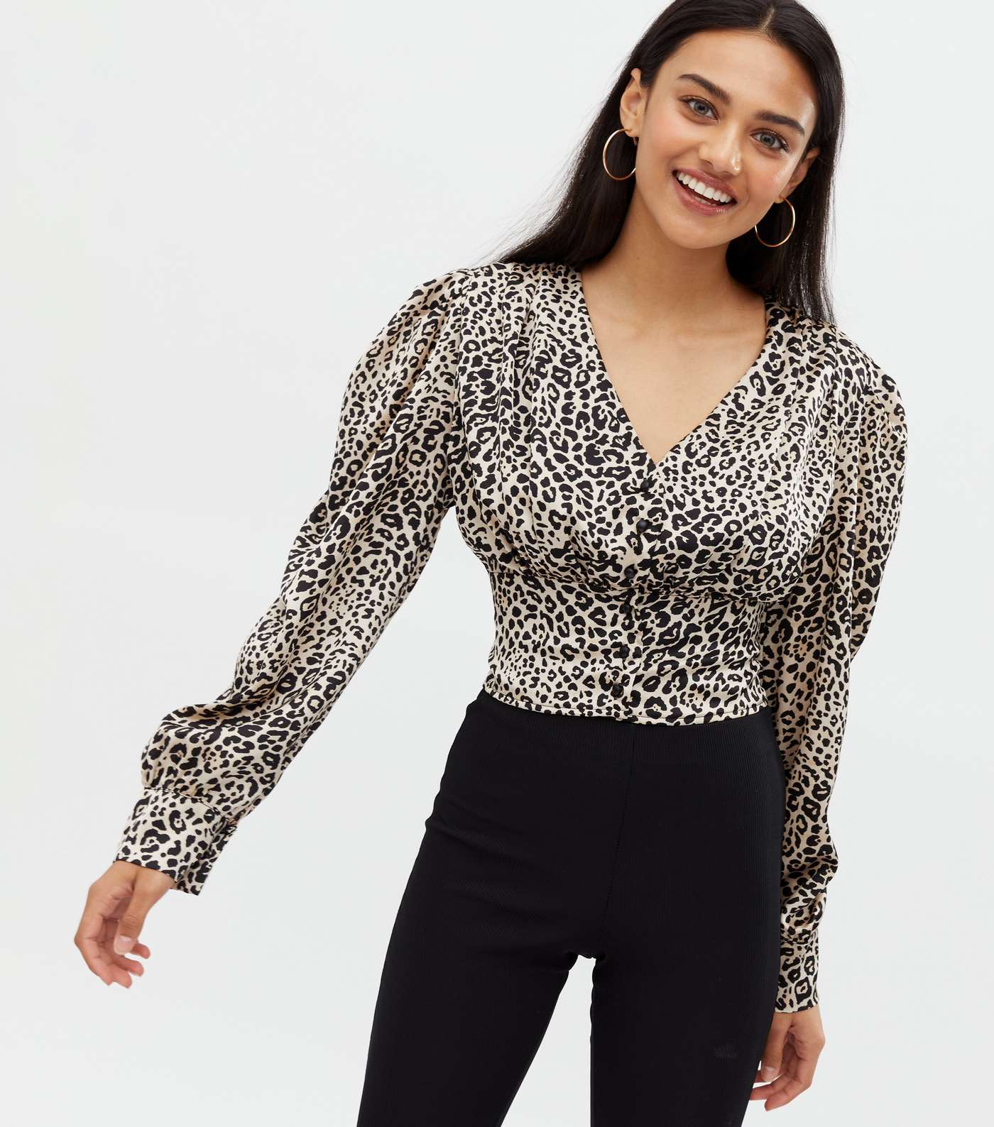 Cameo Rose Brown Leopard Print Satin V Neck Crop Shirt