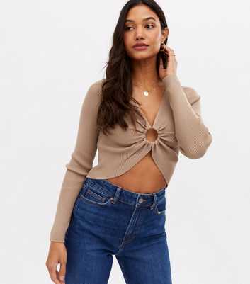 Cameo Rose Camel Ribbed Ruched Circle Crop Top