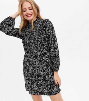 black floral shirred dress