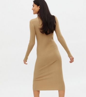 Pink Vanilla Camel Ribbed High Neck Midi Dress New Look