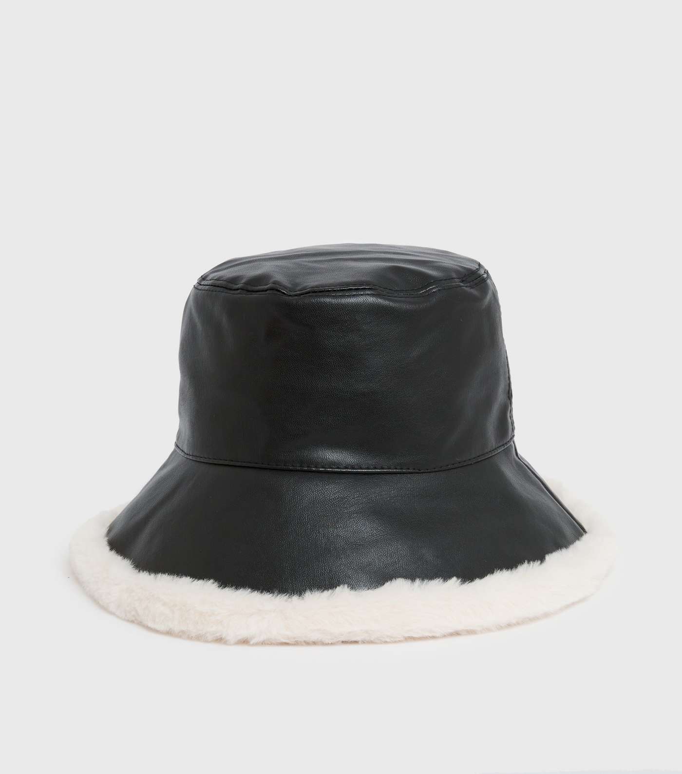 Black Leather-Look Shearling Trim Bucket Hat Image 2