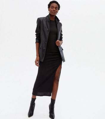 Click to view product details and reviews for Na Kd Black Ruched Split Hem Midi Dress New Look.