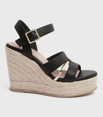 Click to view product details and reviews for Black Leather Look Metal Trim Strappy Wedge Sandals New Look Vegan.