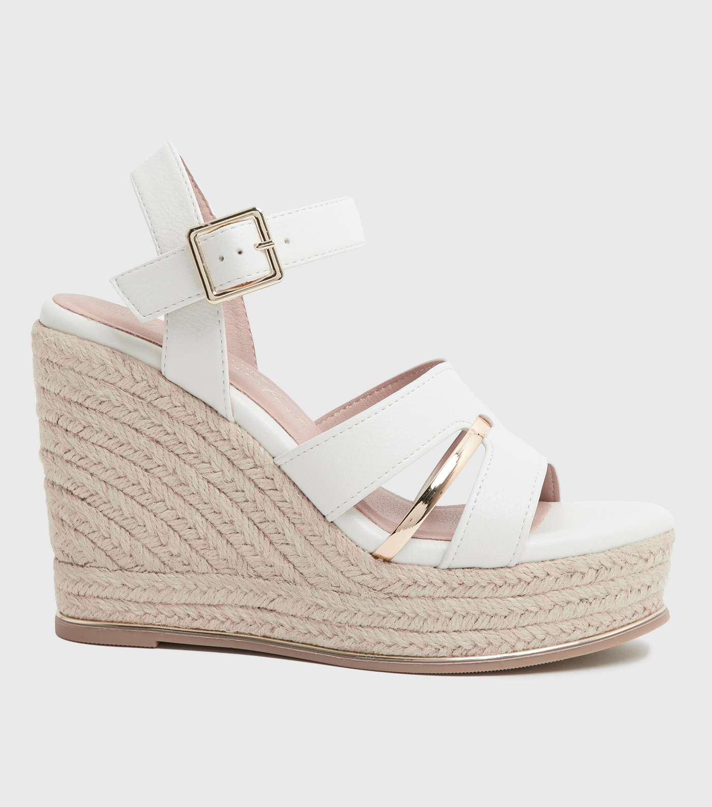 White Leather-Look Metal Trim Strappy Wedge Sandals