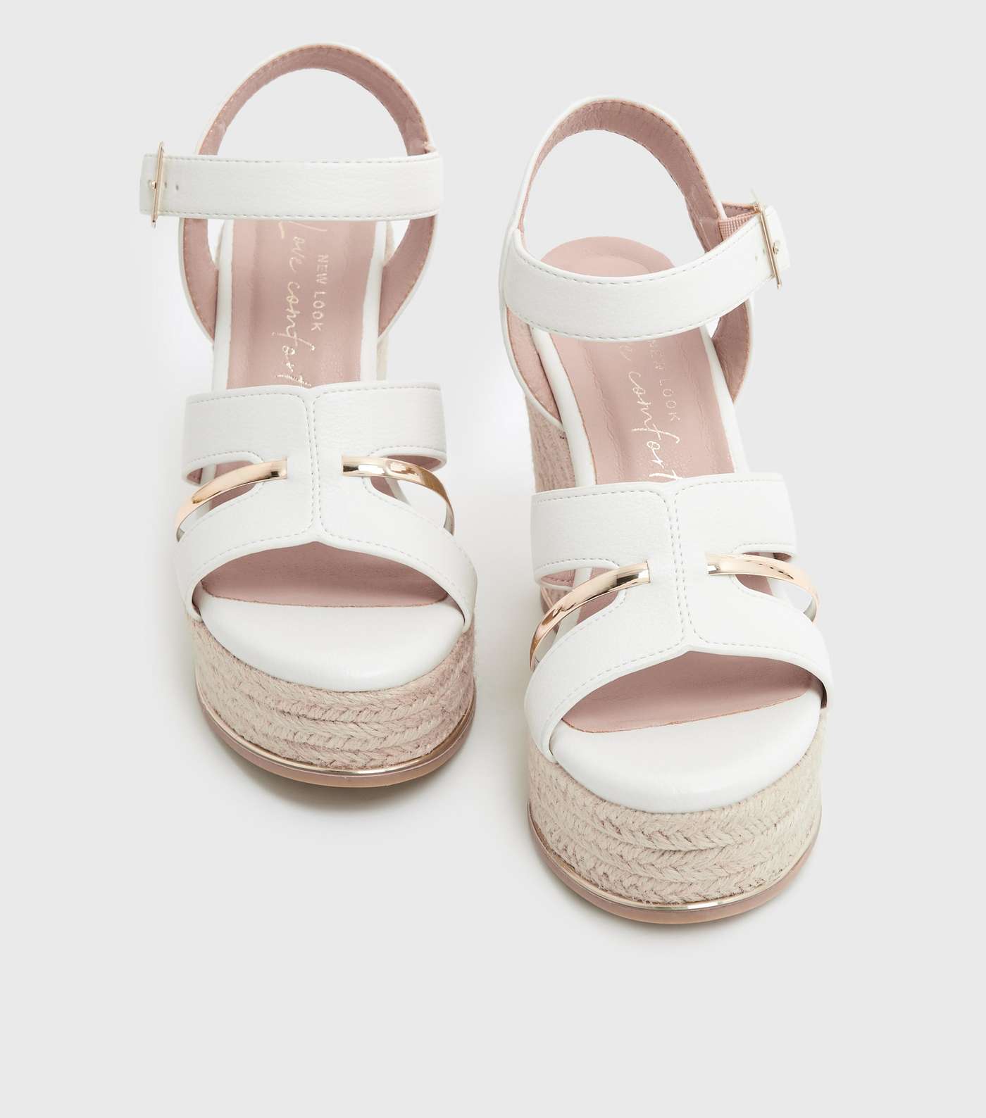 White Leather-Look Metal Trim Strappy Wedge Sandals Image 3