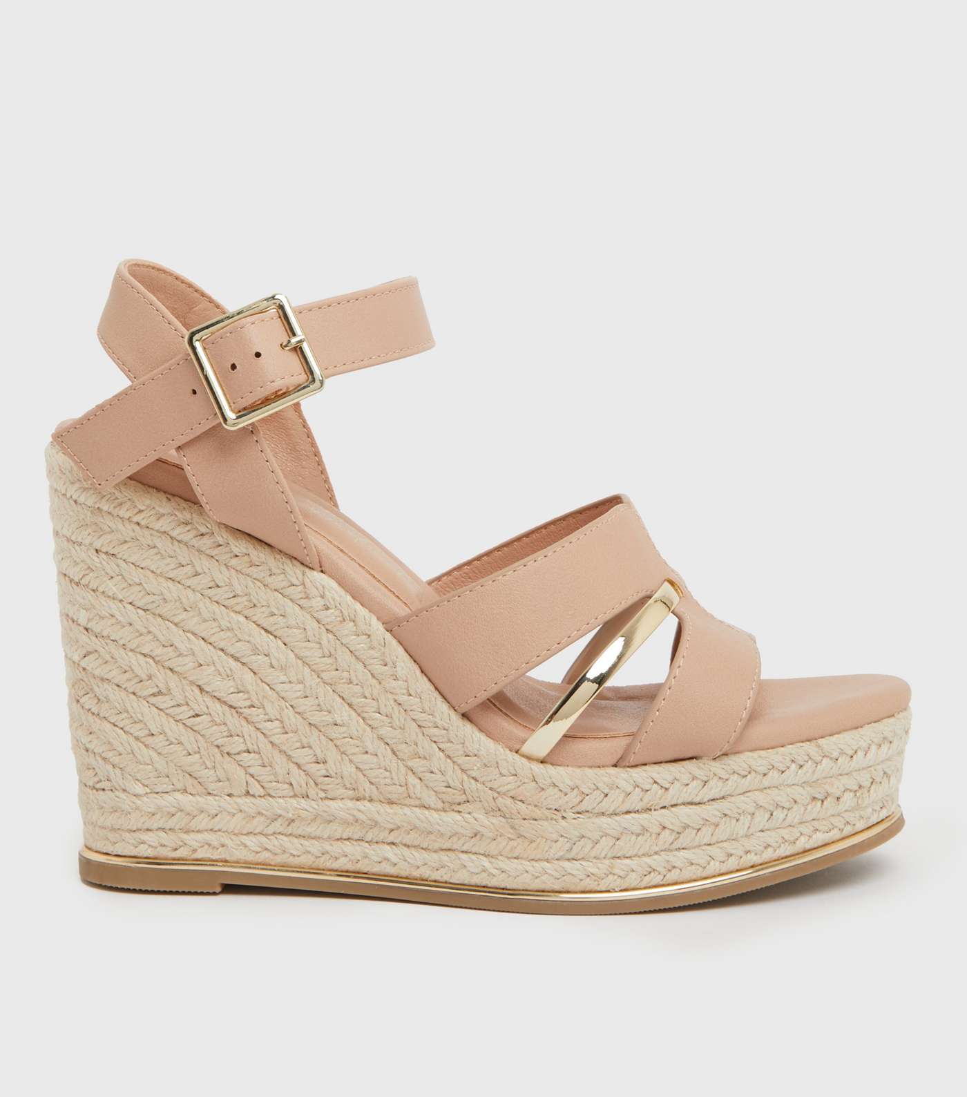 Pale Pink Leather-Look Metal Trim Strappy Wedge Sandals