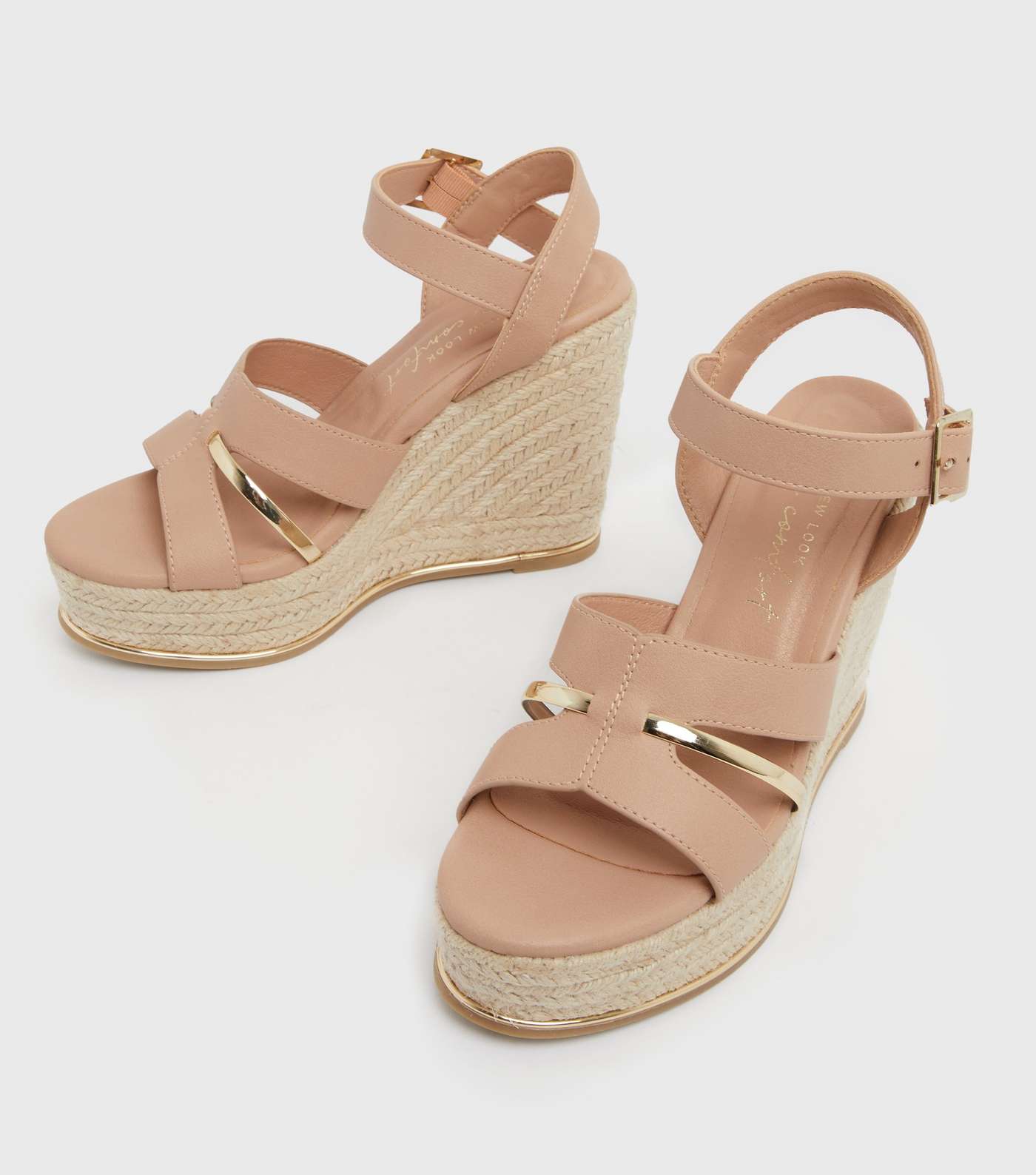 Pale Pink Leather-Look Metal Trim Strappy Wedge Sandals Image 3