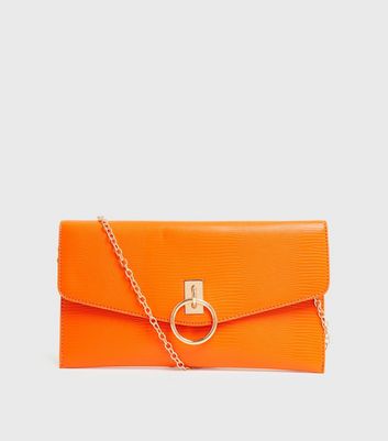 shop for Bright Orange Faux Snake Ring Front Chain Clutch Bag New Look Vegan at Shopo