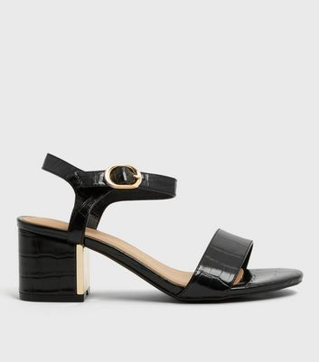 Wide Fit Black Faux Croc Block Heel Sandals | New Look