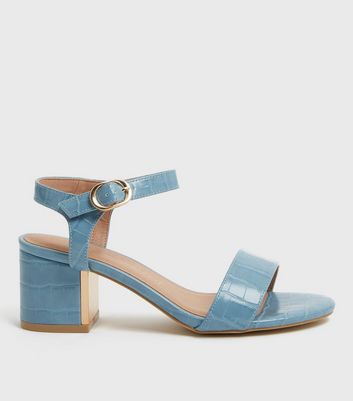 Wide Fit Pale Blue Faux Croc Block Heel Sandals | New Look
