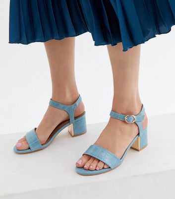 Wide Fit Pale Blue Faux Croc Block Heel 