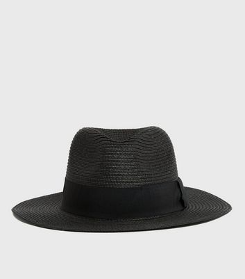 Black Straw Effect Woven Trim Fedora 