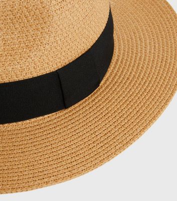 Tan Straw Effect Woven Trim Fedora Hat 