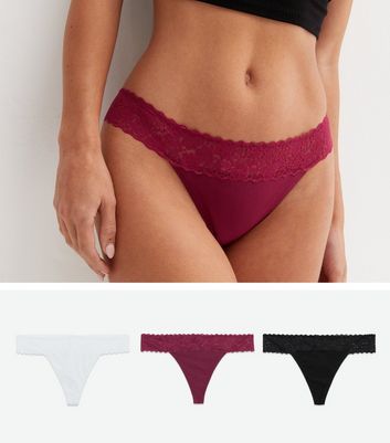3 Pack Burgundy White and Black Lace Waist Thongs