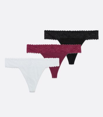 3 Pack Burgundy White and Black Lace Waist Thongs New Look