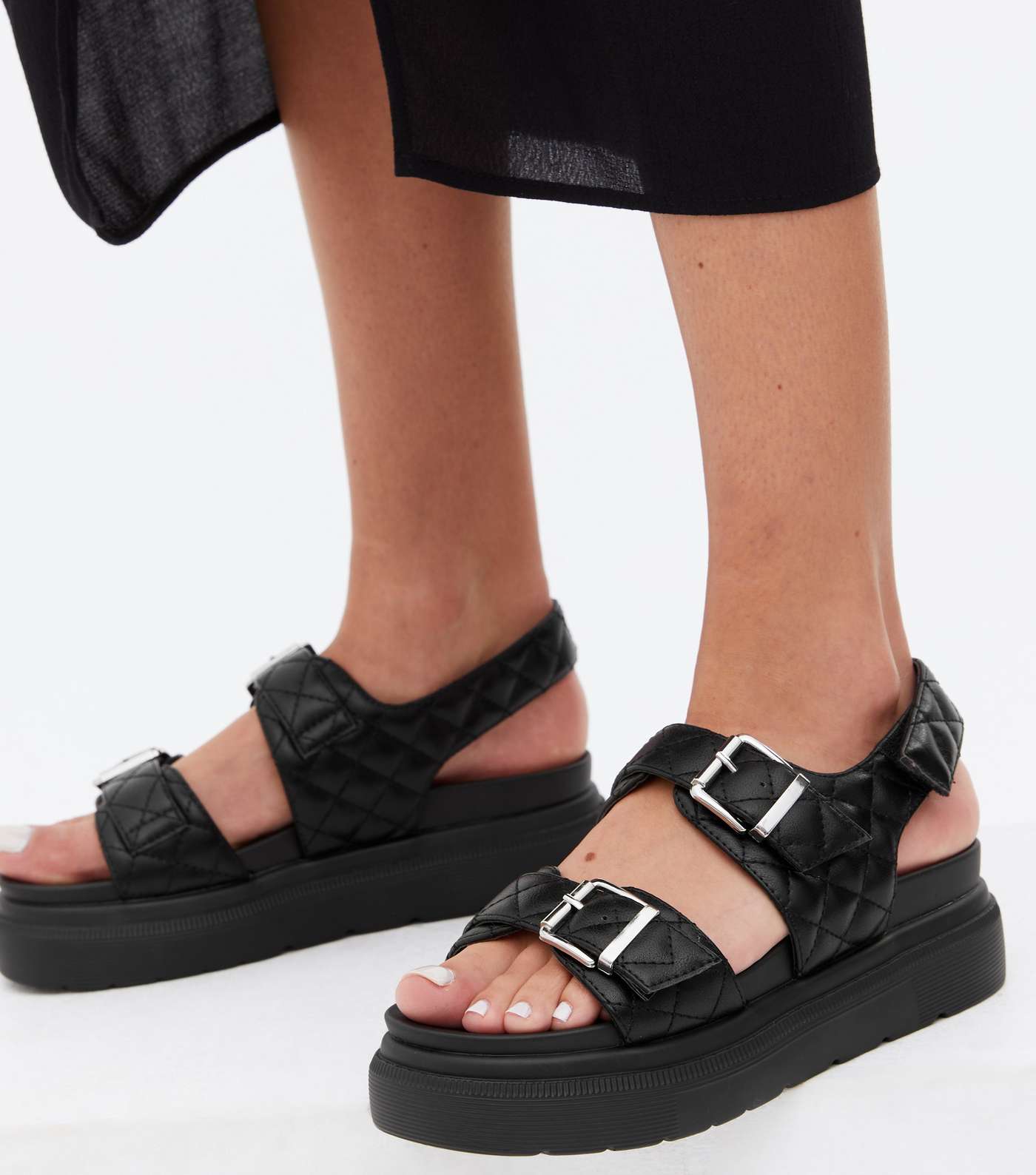 Black Quilted Chunky Footbed Sandals Image 2