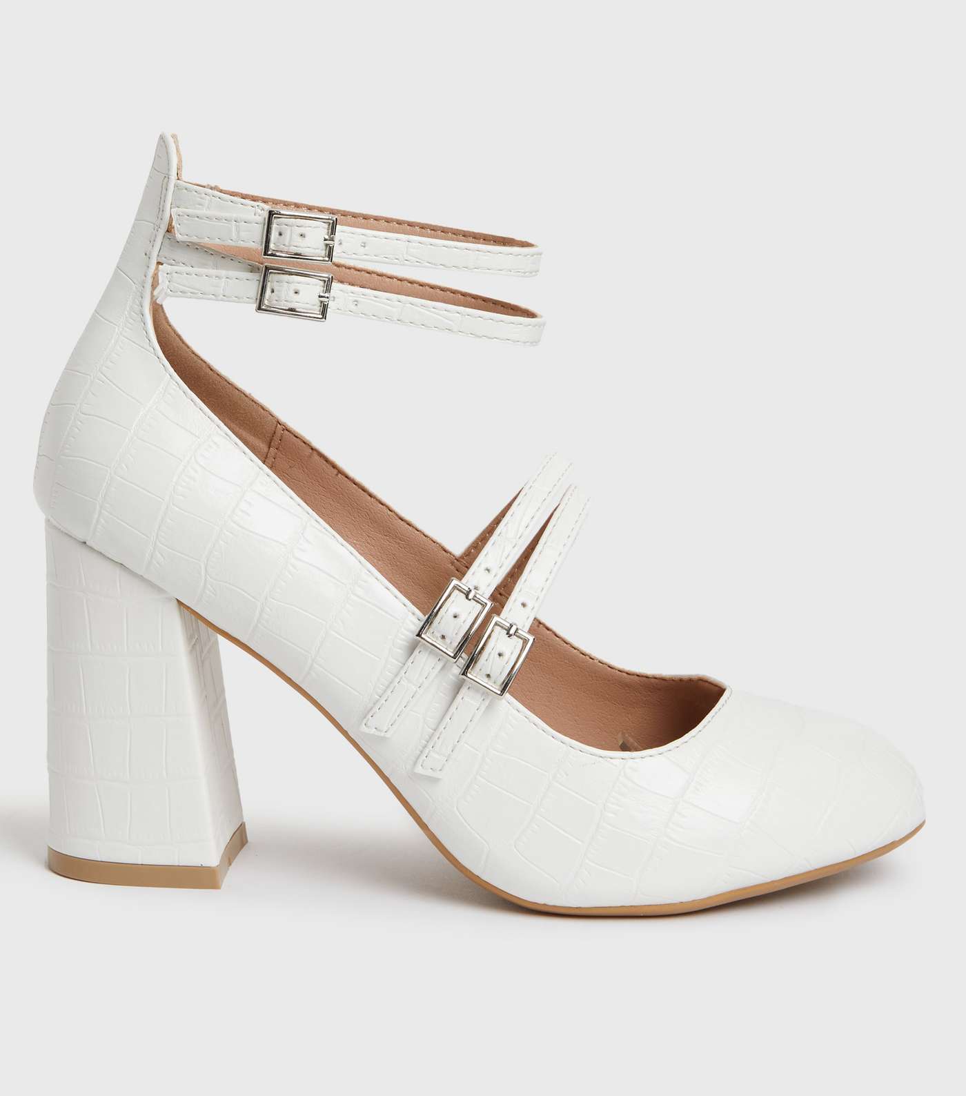 Wide Fit White Faux Croc Block Heel Mary Jane Shoes