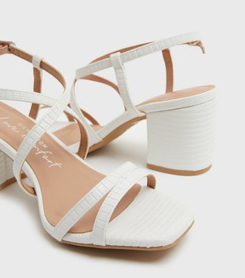shop for Wide Fit White Faux Croc Strappy Block Heel Sandals New Look Vegan at Shopo