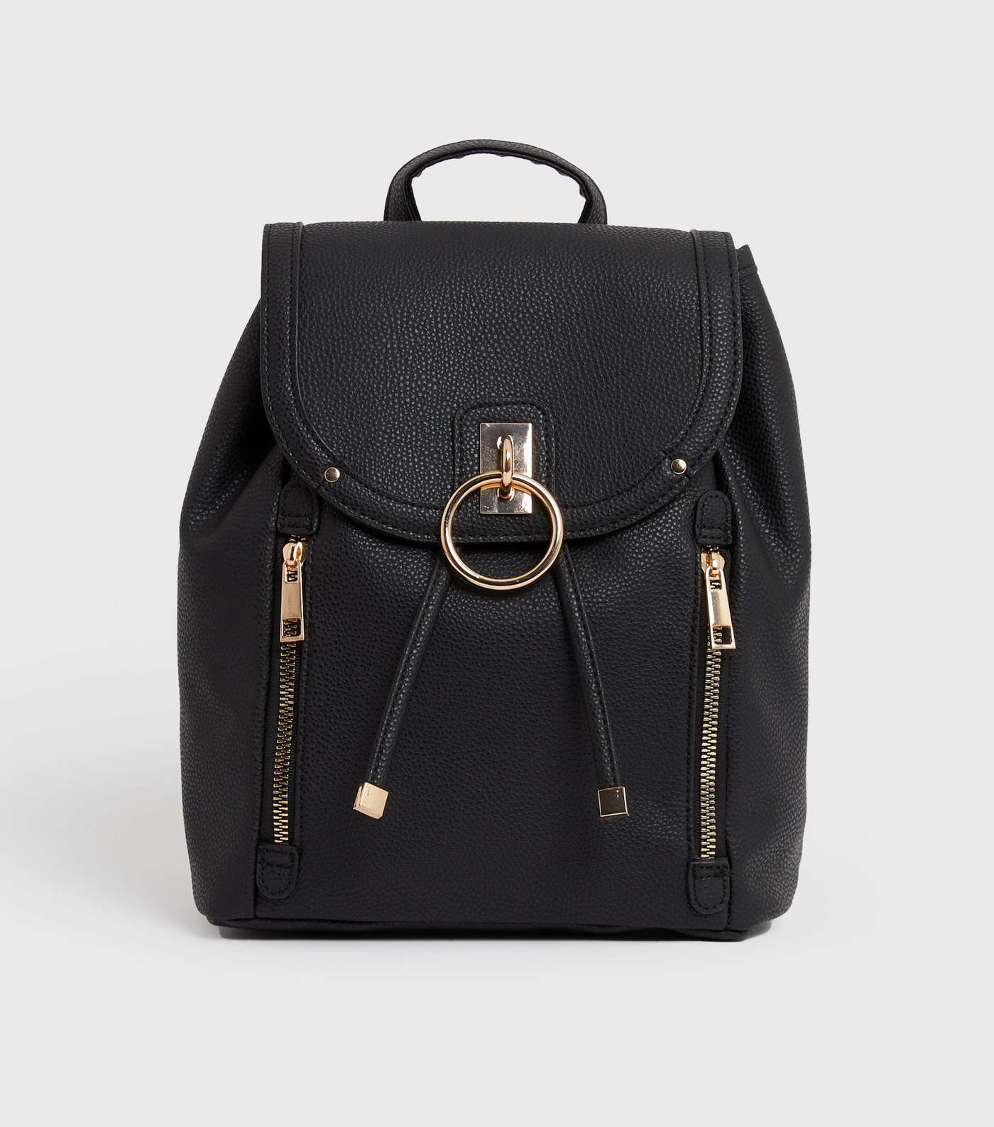 Black Leather-Look Ring Zip Backpack
