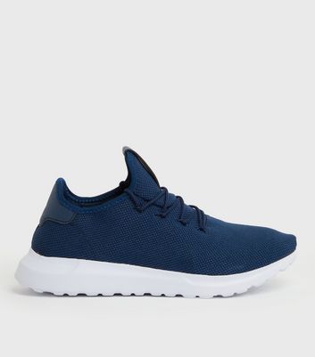 Men's Navy Knit Lace Up Trainers New Look