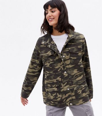 Green Camo High Neck Shacket New Look