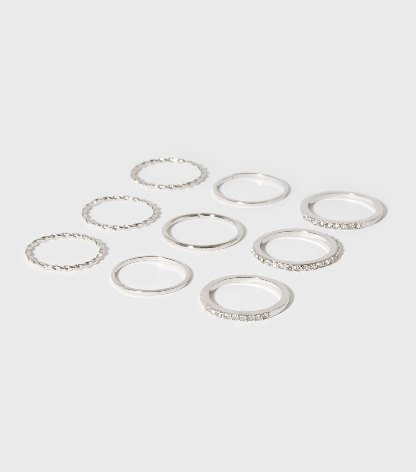 9 Pack Silver Diamanté Mixed Rings