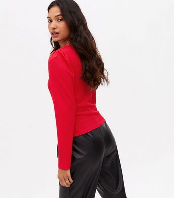 Vila brushed long sleeve crop top with strapping detail in red