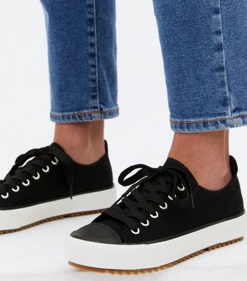 Black Canvas Tab Back Lace Up Trainers New Look