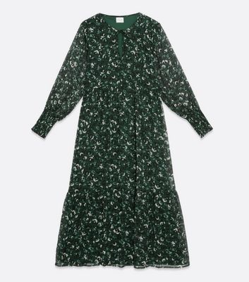Damen Bekleidung VILA Curves Green Leopard Print Chiffon Tie Neck Midi Dress