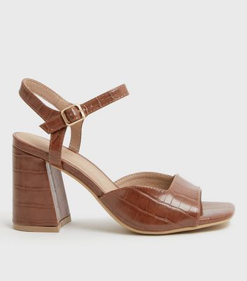 Tan Faux Croc Open Toe Block Heel Sandals New Look Vegan