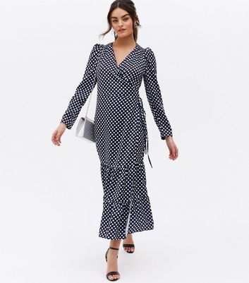 Little Mistress Blue Spot Long Sleeve Maxi Wrap Dress New Look