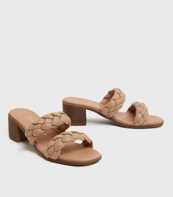 Camel Plaited Double Strap Block Heel Mules New Look Vegan