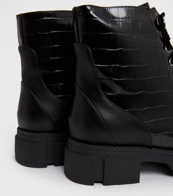 London Rebel Black Faux Croc Lace Up Chunky Boots New Look