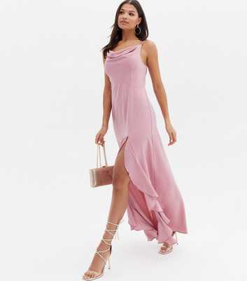 Little Mistress Pale Pink Satin Cowl Neck Maxi Dress