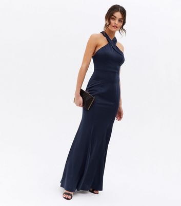 Little Mistress Navy Satin Open Back Maxi Halter Dress New Look