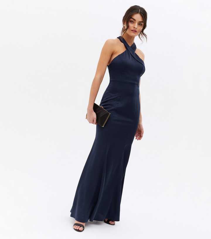 Little Mistress Navy Satin Open Back Maxi Halter Dress