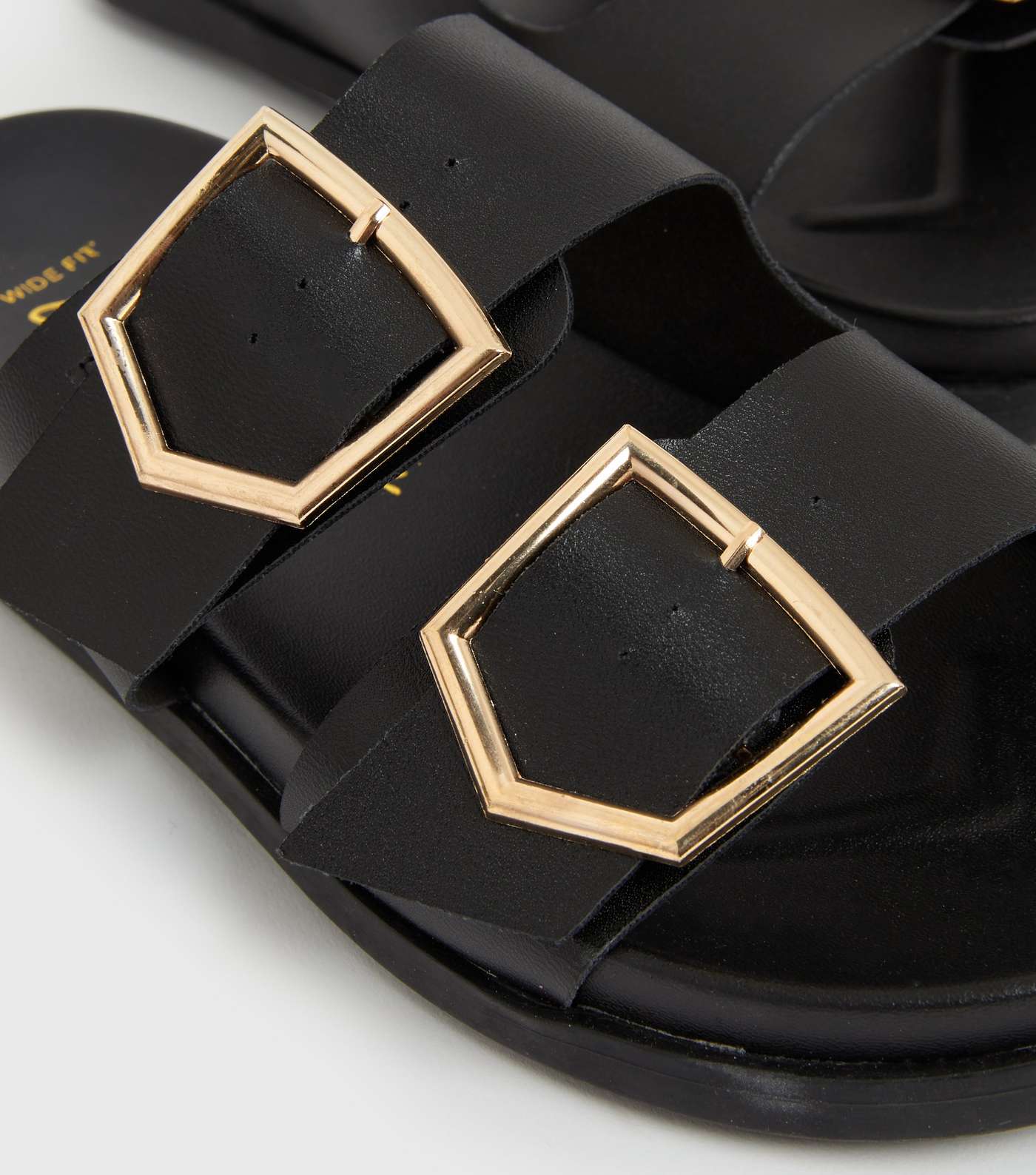 Wide Fit Black Leather-Look Buckle Footbed Sliders Image 4