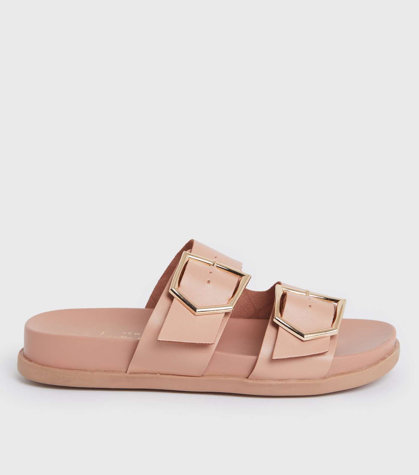 Wide Fit Pink Leather-Look Buckle Footbed Sliders