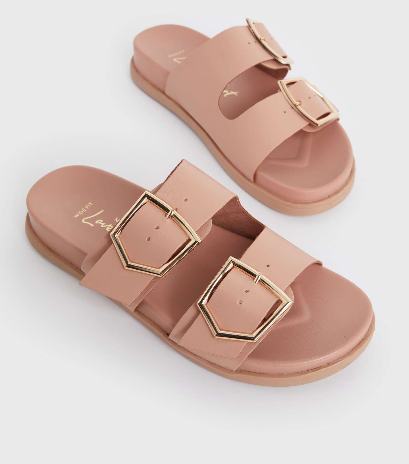 Wide Fit Pink Leather-Look Buckle Footbed Sliders Image 3