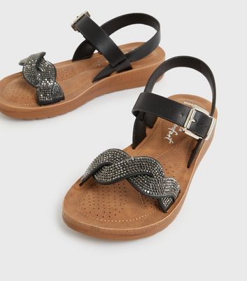 shop for Wide Fit Black Diamanté 2 Part Flatform Sandals New Look Vegan at Shopo