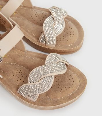 shop for Wide Fit Cream Diamanté 2 Part Flatform Sandals New Look Vegan at Shopo