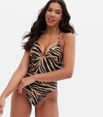 Brown Zebra Print Lift & Shape Halter Swimsuit