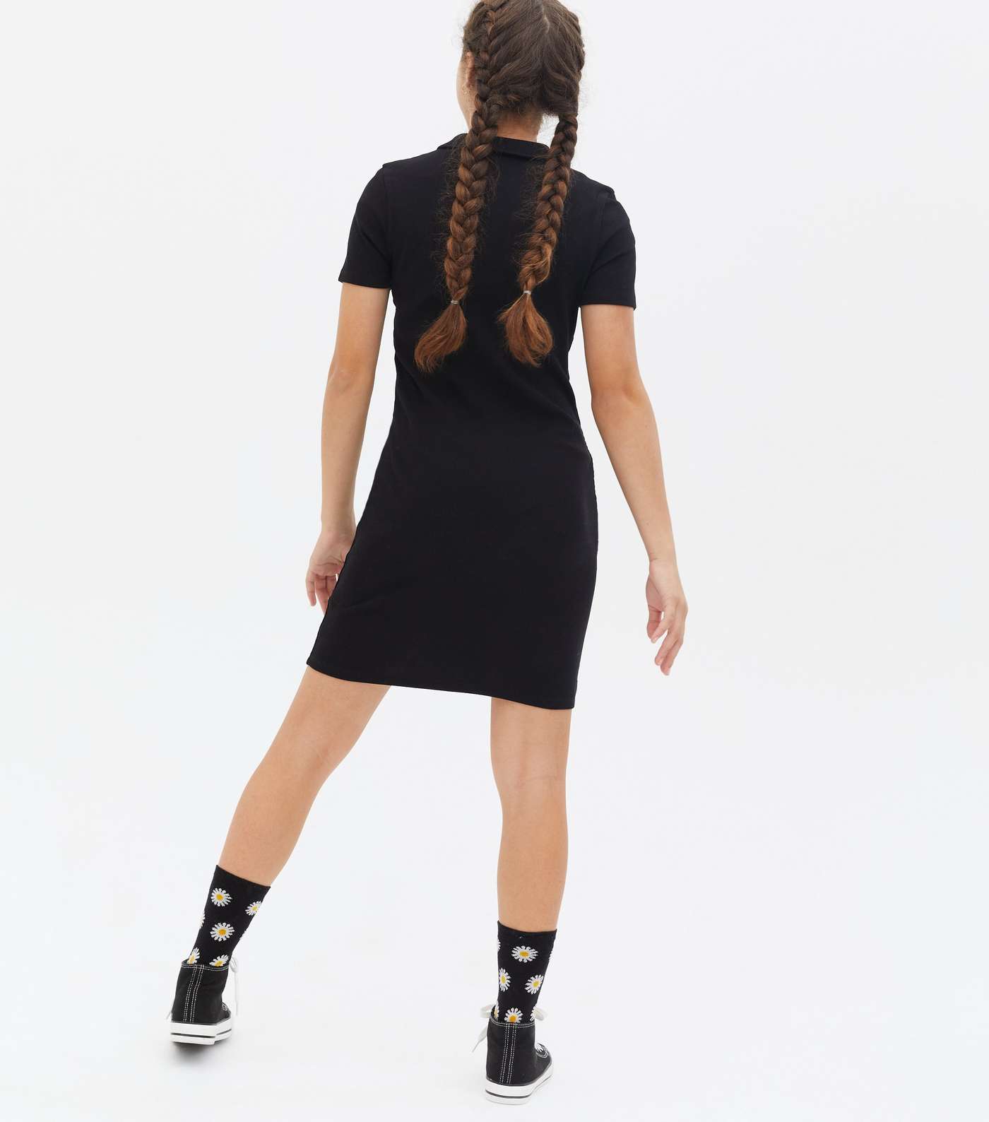 Girls Black Ribbed Jersey Short Sleeve Polo Dress Image 4