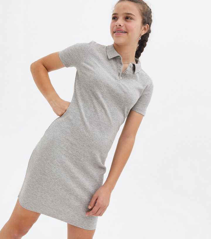 Girls Grey Ribbed Jersey Short Sleeve Polo Dress | New Look