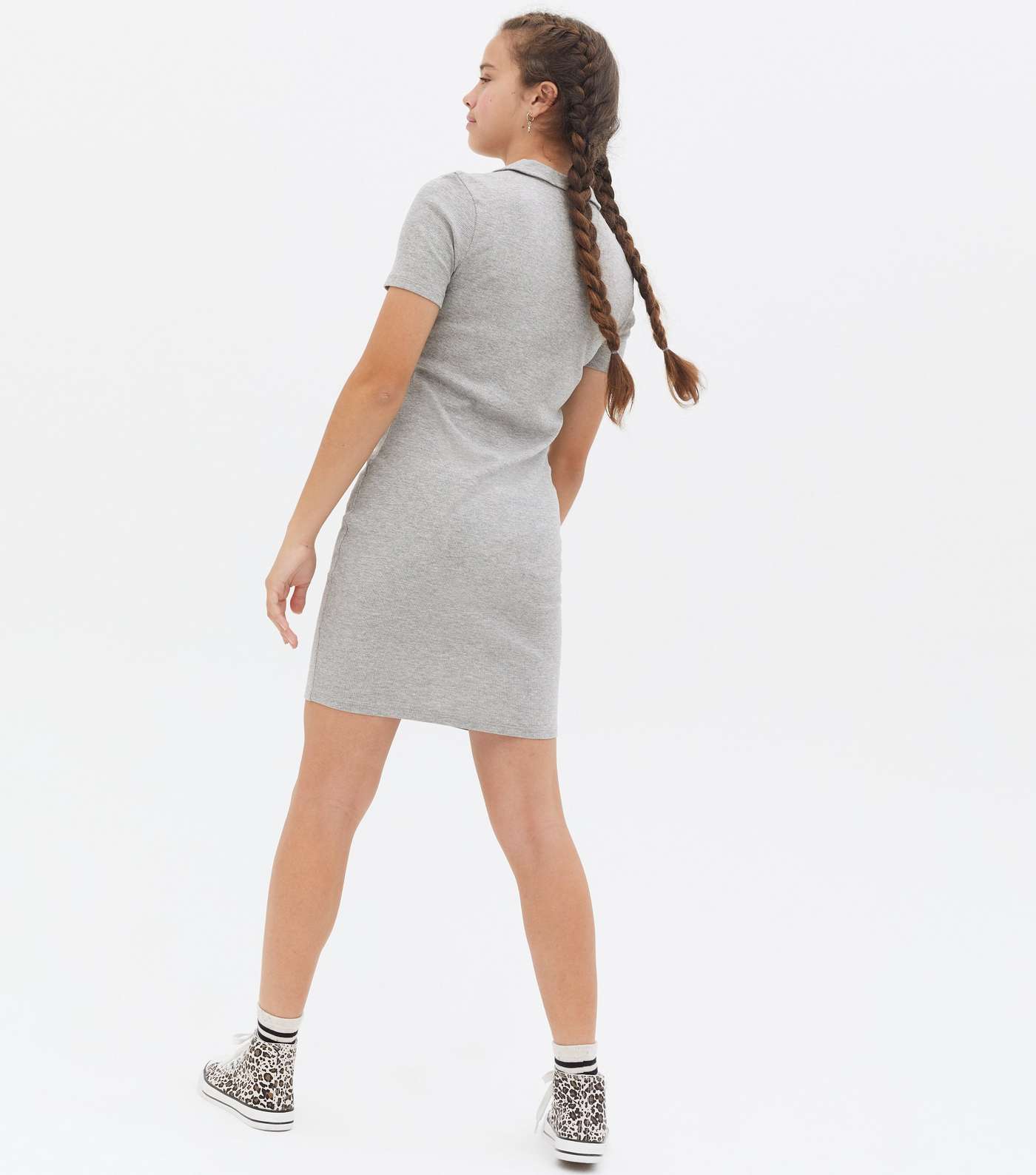 Girls Grey Ribbed Jersey Short Sleeve Polo Dress Image 4